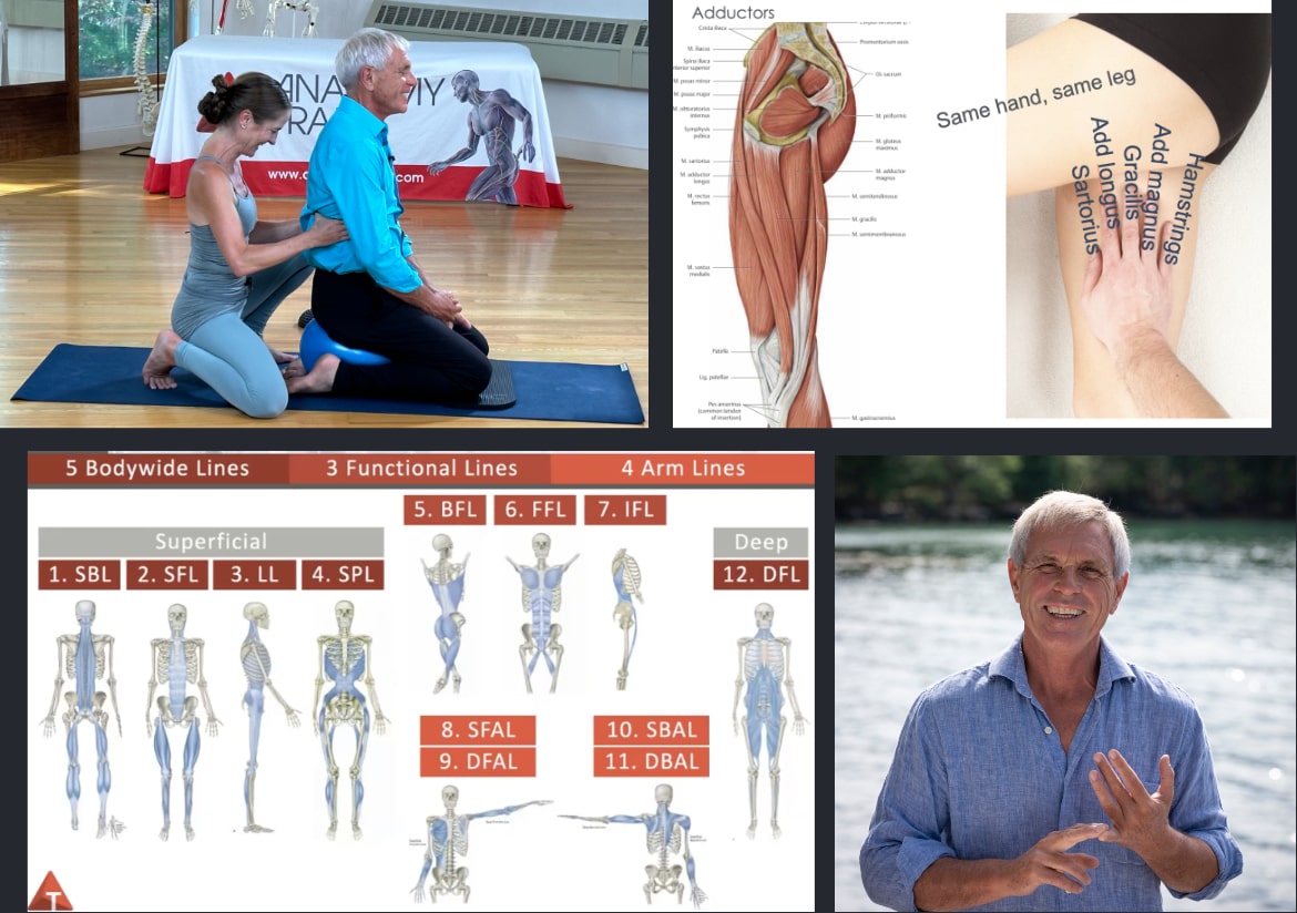 Image collage - Tom Myers and Karin Gartner teaching, leg muscles anatomy, Anatomy Trains Lines graphics, Tom Myers beside lake